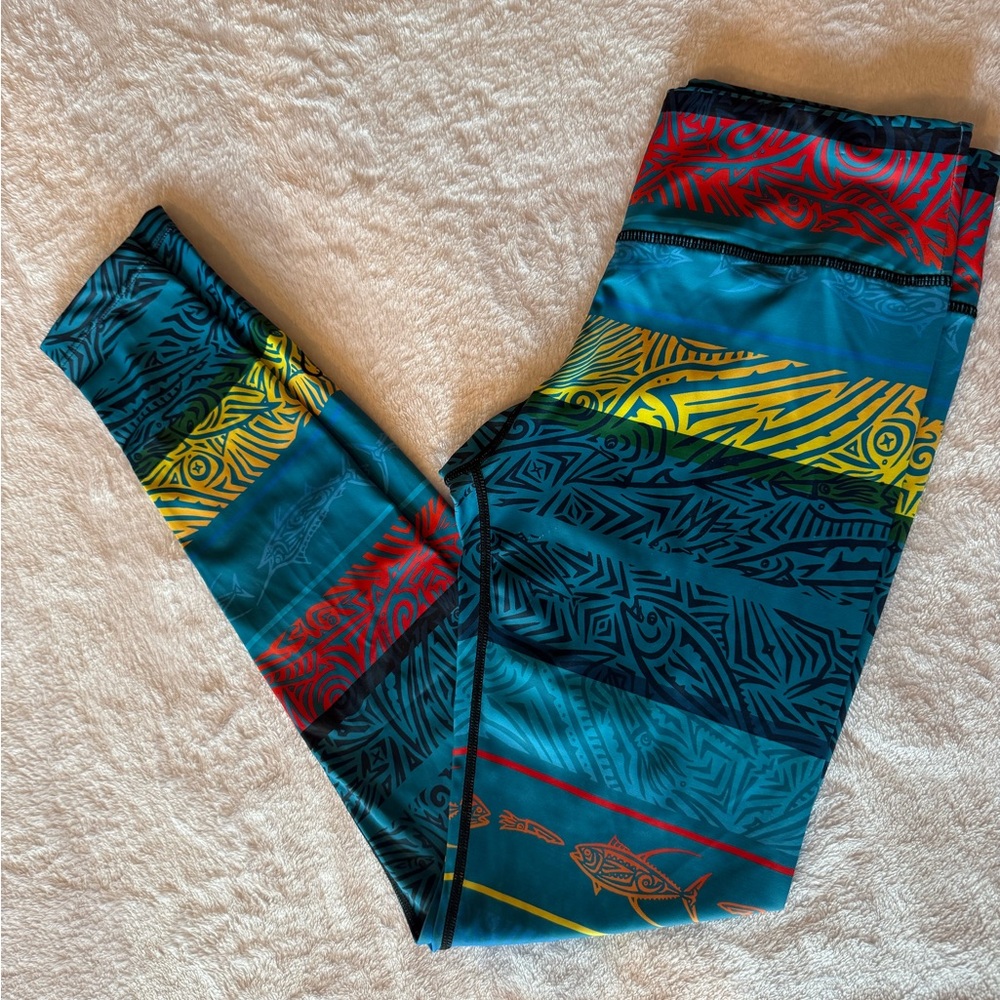 Pelagic Tribal Tuna Print Leggings with Blue, Red, Yellow Patterns See Photos